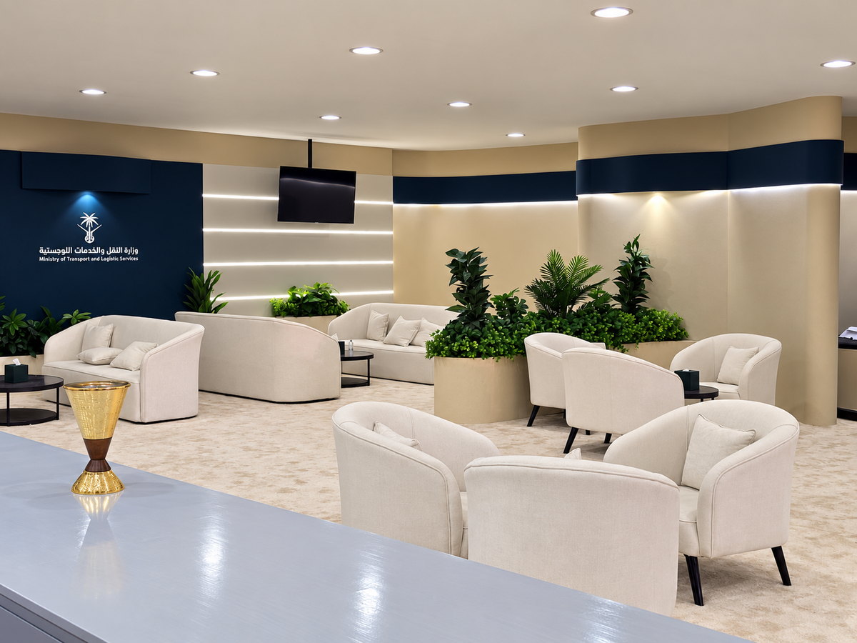 Ministry of Transport media centre in Arafat — reception lounge inside a temporary building