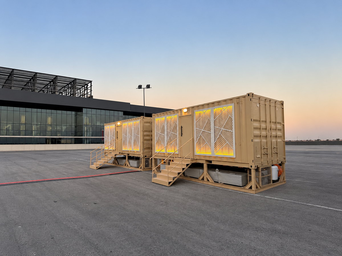 Dhahran Expo — portable restroom units with illuminated screen facades