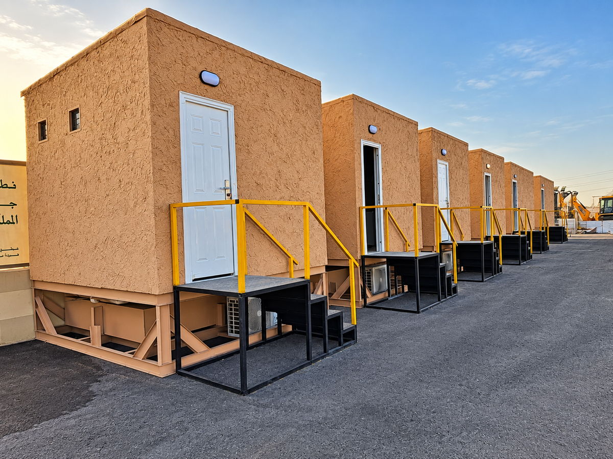Shuttle transport project in Diriyah — row of modular units with render finish